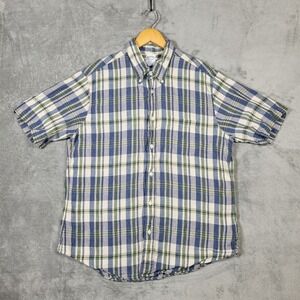 Brooks Brothers Linen Shirt Green Blue Plaid Mens XL Short Sleeve REGENT Irish